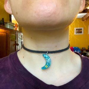 Homemade blue crescent moon choker